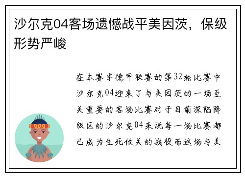 沙尔克04客场遗憾战平美因茨，保级形势严峻