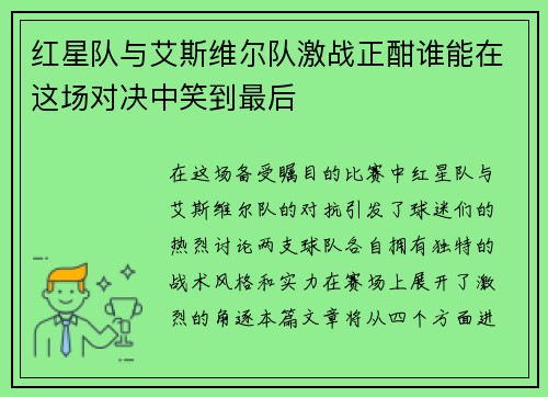 红星队与艾斯维尔队激战正酣谁能在这场对决中笑到最后